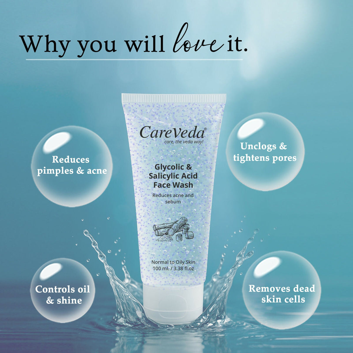 Image 4 of CareVeda Glycolic & 1% Salicylic Acid Face Wash for Acne & Oil Control