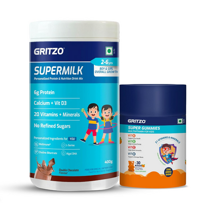Image 1 of combo for the product Gritzo SuperMilk Overall Growth (2-6y Boy & Girl) (Double Chocolate) with Super Gummies (Natural Orange Flavour)