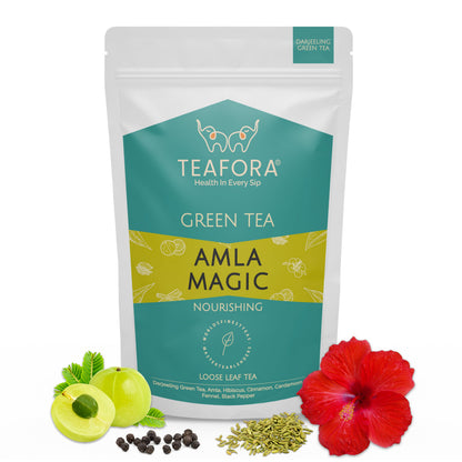 Image 1 of TEAFORA Amla Magic Green Tea | Whole Leaf Tea | Blended with Amla, Hibiscus, Fennel, Cardamom & Cinnamon | 100% NATURAL | Brew Hot or Iced Tea