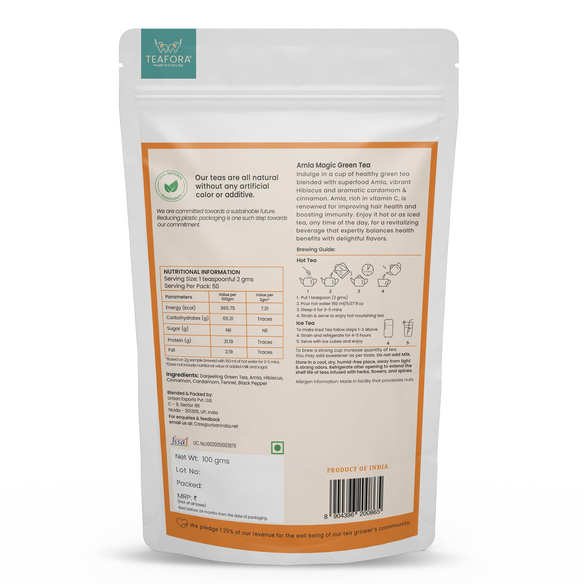 Image 4 of TEAFORA Amla Magic Green Tea | Whole Leaf Tea | Blended with Amla, Hibiscus, Fennel, Cardamom & Cinnamon | 100% NATURAL | Brew Hot or Iced Tea