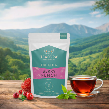 Image 2 of TEAFORA Berry Punch Green Tea | Zingy & Refreshing | Darjeeling Tea Loose | 100% Natural Fresh Berries & Hibiscus Flower | Brew Hot or Iced Tea