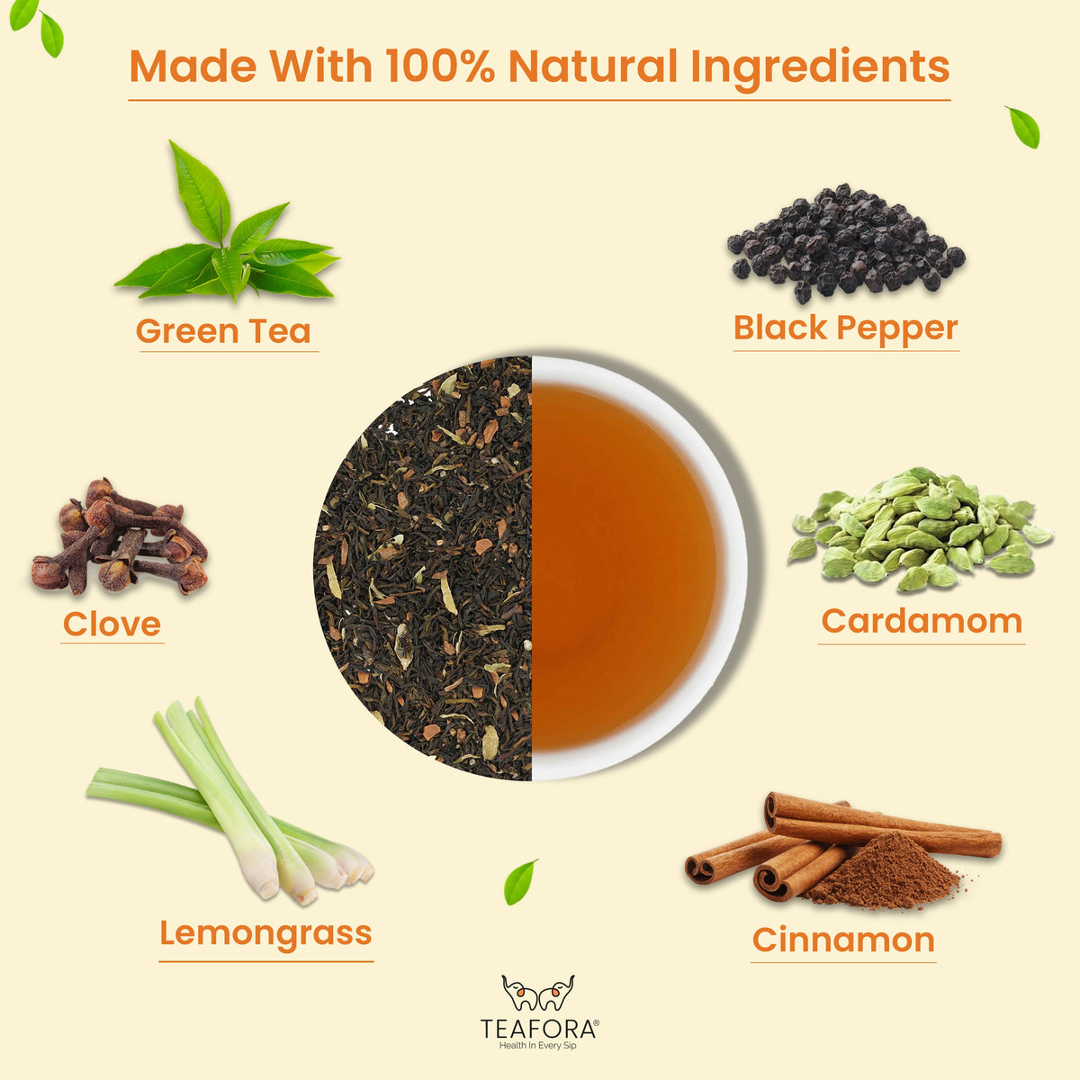 Image 3 of TEAFORA Darjeeling Masala Green Tea | Loose Leaves | Blended with Cardamom, Cinnamon, Black Pepper & Clove | 100% NATURAL | 50 Cups Hot or Iced Tea