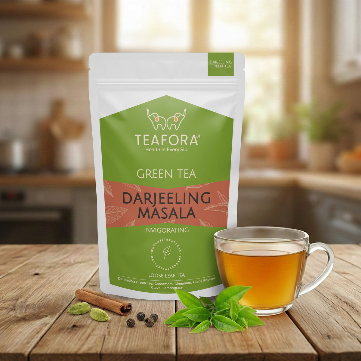 Image 2 of TEAFORA Darjeeling Masala Green Tea | Loose Leaves | Blended with Cardamom, Cinnamon, Black Pepper & Clove | 100% NATURAL | 50 Cups Hot or Iced Tea