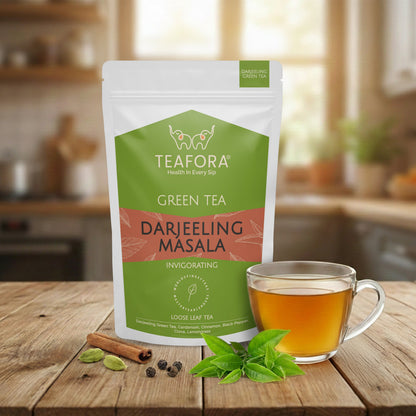 Image 2 of TEAFORA Darjeeling Masala Green Tea | Loose Leaves | Blended with Cardamom, Cinnamon, Black Pepper & Clove | 100% NATURAL | 50 Cups Hot or Iced Tea