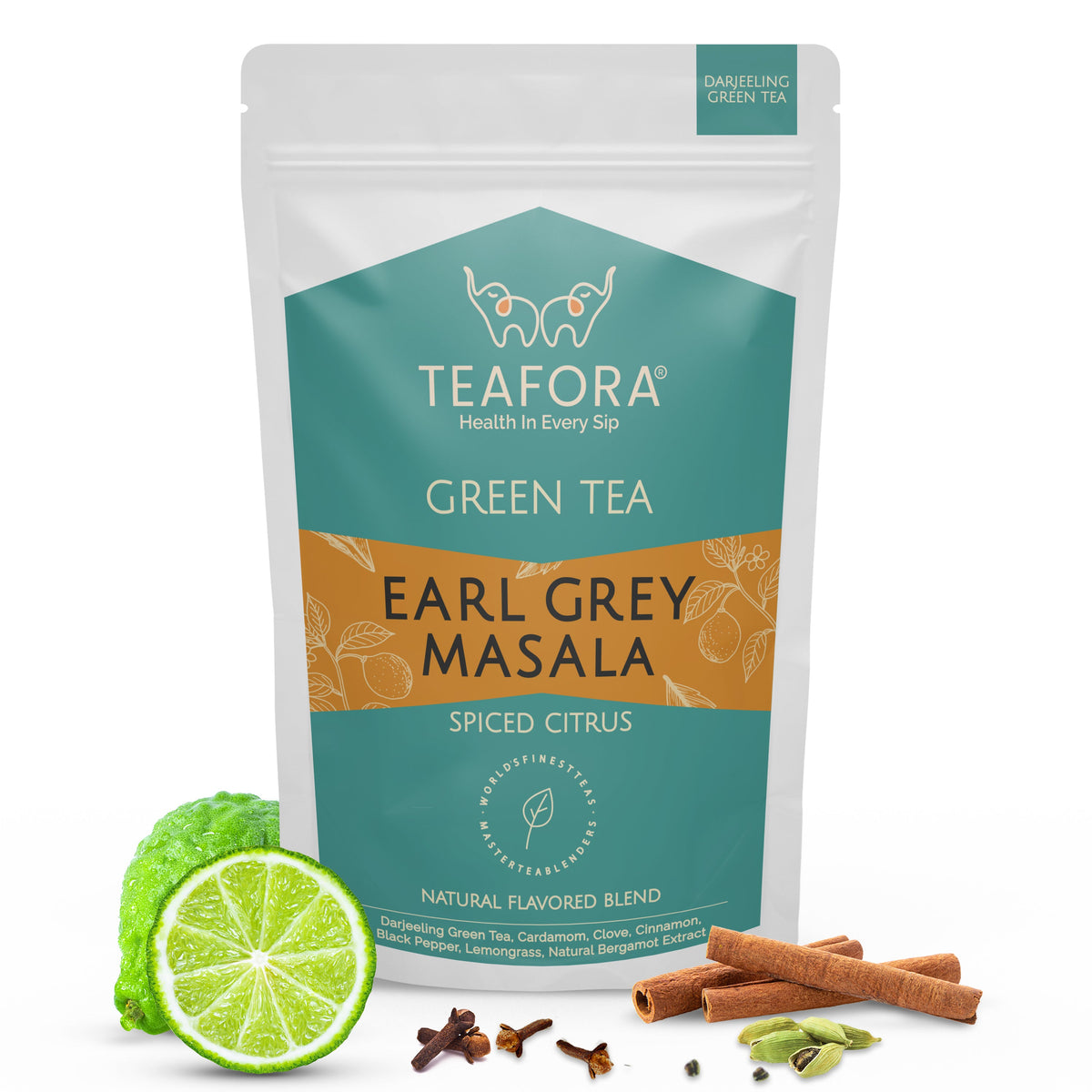 Image 1 of TEAFORA Earl Grey Masala Green Tea | Spiced Citrus | Darjeeling Loose Tea | Blended with Indian Aromatic Spices enriched with Bergamot extract | 50 Cups Hot or Iced Tea