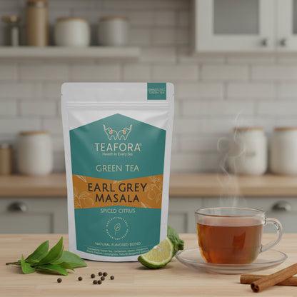 Image 2 of TEAFORA Earl Grey Masala Green Tea | Spiced Citrus | Darjeeling Loose Tea | Blended with Indian Aromatic Spices enriched with Bergamot extract | 50 Cups Hot or Iced Tea