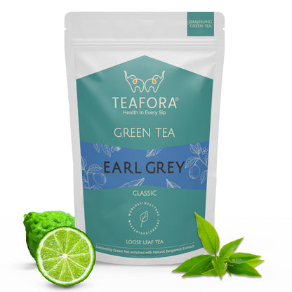 Image 1 of TEAFORA Earl Grey Green Tea | Darjeeling Loose Leaf Tea Enriched with Natural Bergamot Extract | 100% NATURAL | 50 Cups Hot or Iced Tea