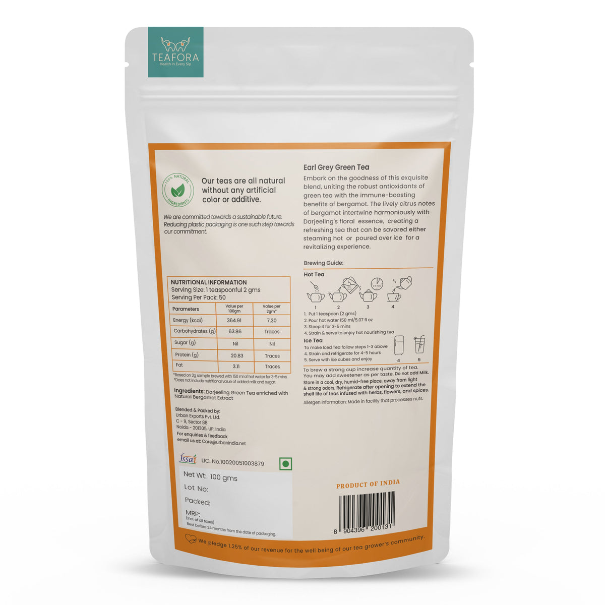 Image 3 of TEAFORA Earl Grey Green Tea | Darjeeling Loose Leaf Tea Enriched with Natural Bergamot Extract | 100% NATURAL | 50 Cups Hot or Iced Tea