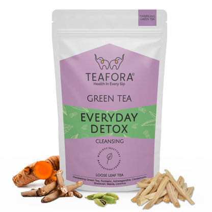 Image 1 of TEAFORA Everyday Detox Green Tea | Darjeeling Loose Leaf | 100% Natural Turmeric, Ashwagandha, Cardamom, Shatavari, Stevia | 50 Cups Hot Tea or Iced Tea