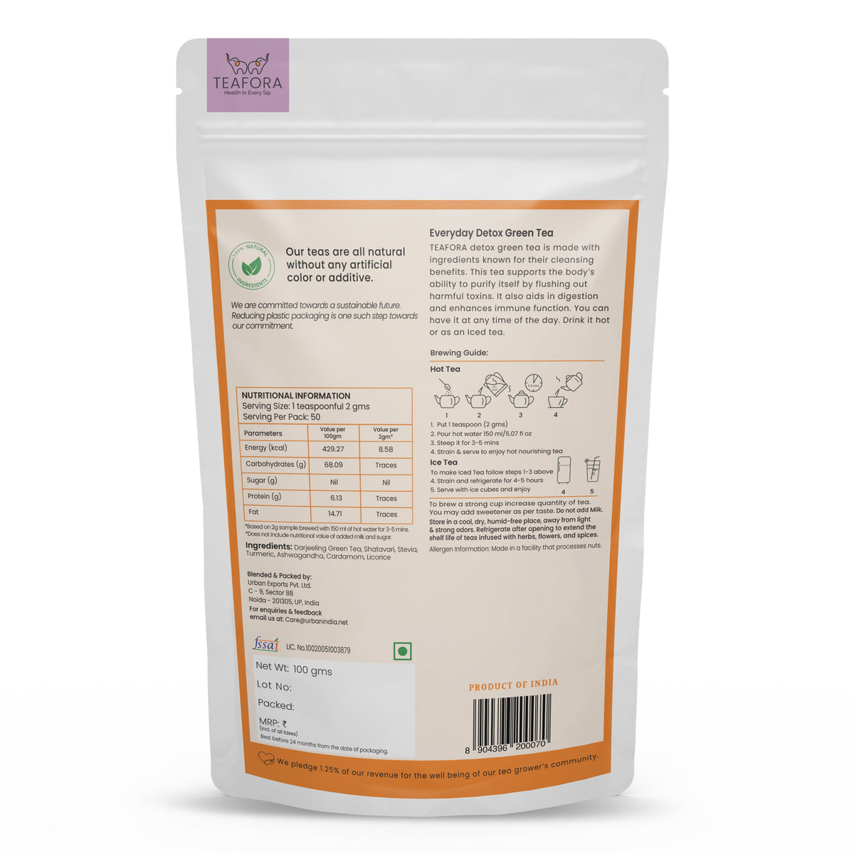 Image 4 of TEAFORA Everyday Detox Green Tea | Darjeeling Loose Leaf | 100% Natural Turmeric, Ashwagandha, Cardamom, Shatavari, Stevia | 50 Cups Hot Tea or Iced Tea