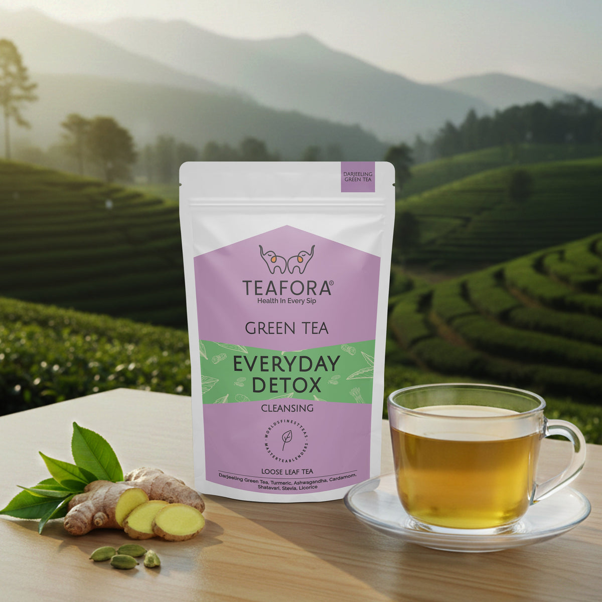 Image 2 of TEAFORA Everyday Detox Green Tea | Darjeeling Loose Leaf | 100% Natural Turmeric, Ashwagandha, Cardamom, Shatavari, Stevia | 50 Cups Hot Tea or Iced Tea