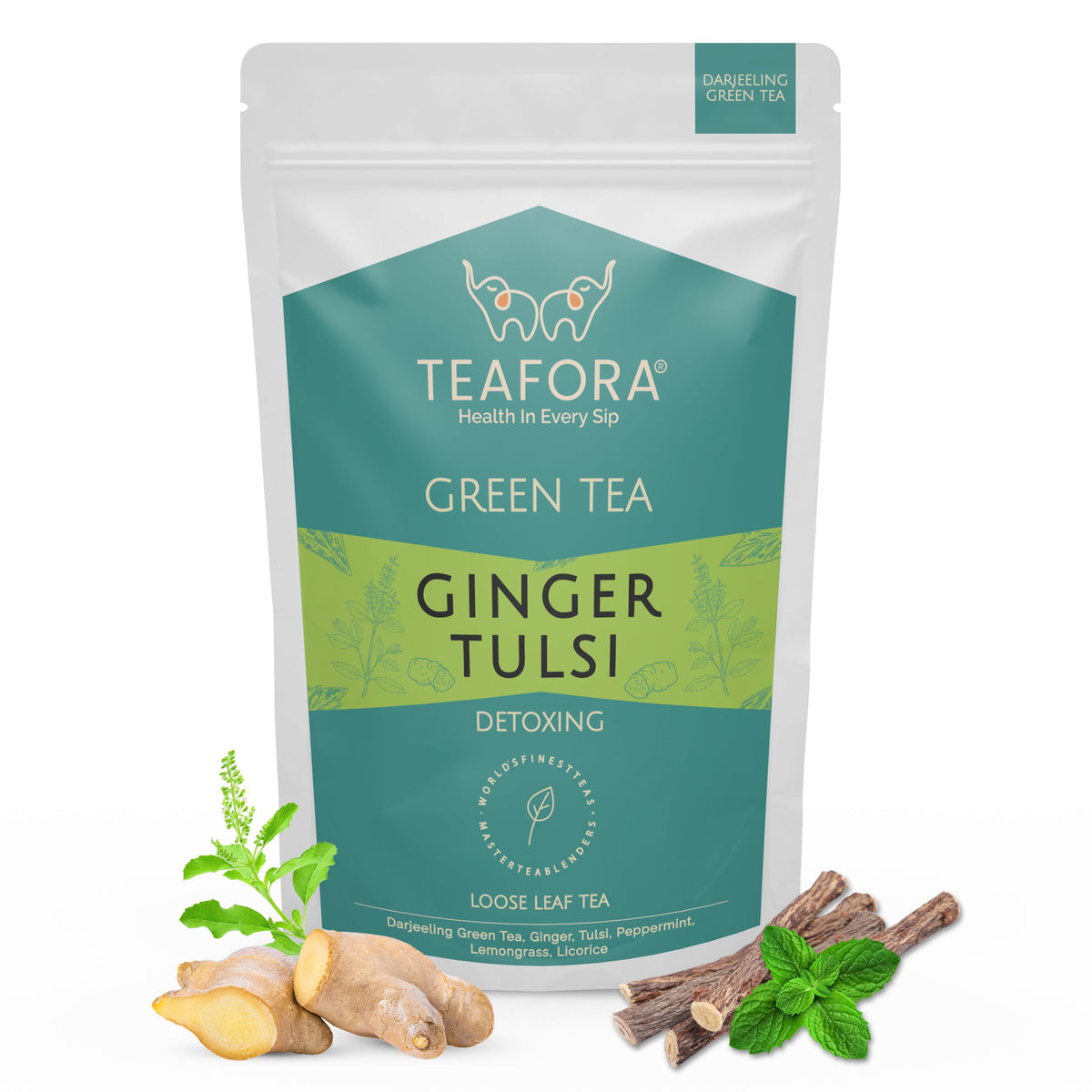 Image 1 of TEAFORA Ginger Tulsi Green Tea | Darjeeling Loose Leaf | Indian Superfoods Ginger, Tulsi & Licorice | Relieves Stress & Aids Digestion | Brew Hot or Iced Tea