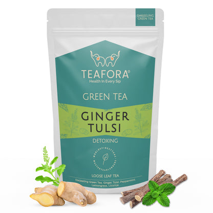 Image 1 of TEAFORA Ginger Tulsi Green Tea | Darjeeling Loose Leaf | Indian Superfoods Ginger, Tulsi & Licorice | Relieves Stress & Aids Digestion | Brew Hot or Iced Tea