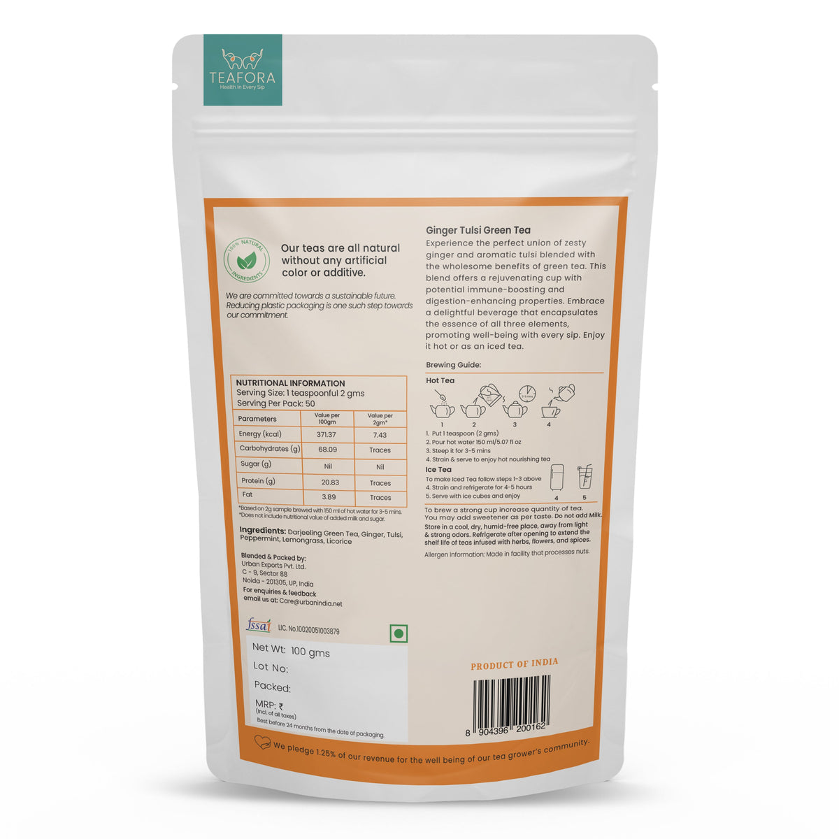 Image 4 of TEAFORA Ginger Tulsi Green Tea | Darjeeling Loose Leaf | Indian Superfoods Ginger, Tulsi & Licorice | Relieves Stress & Aids Digestion | Brew Hot or Iced Tea