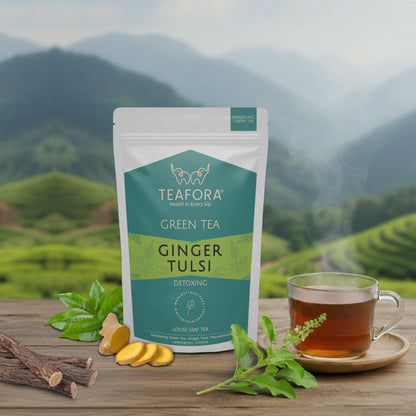 Image 2 of TEAFORA Ginger Tulsi Green Tea | Darjeeling Loose Leaf | Indian Superfoods Ginger, Tulsi & Licorice | Relieves Stress & Aids Digestion | Brew Hot or Iced Tea