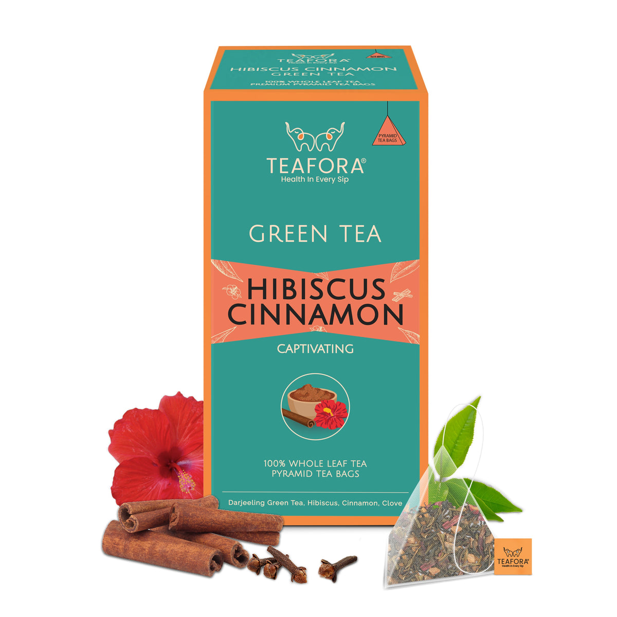 Image 1 of TEAFORA Hibiscus Cinnamon Green Tea | 20 Count Pyramid Tea Bags