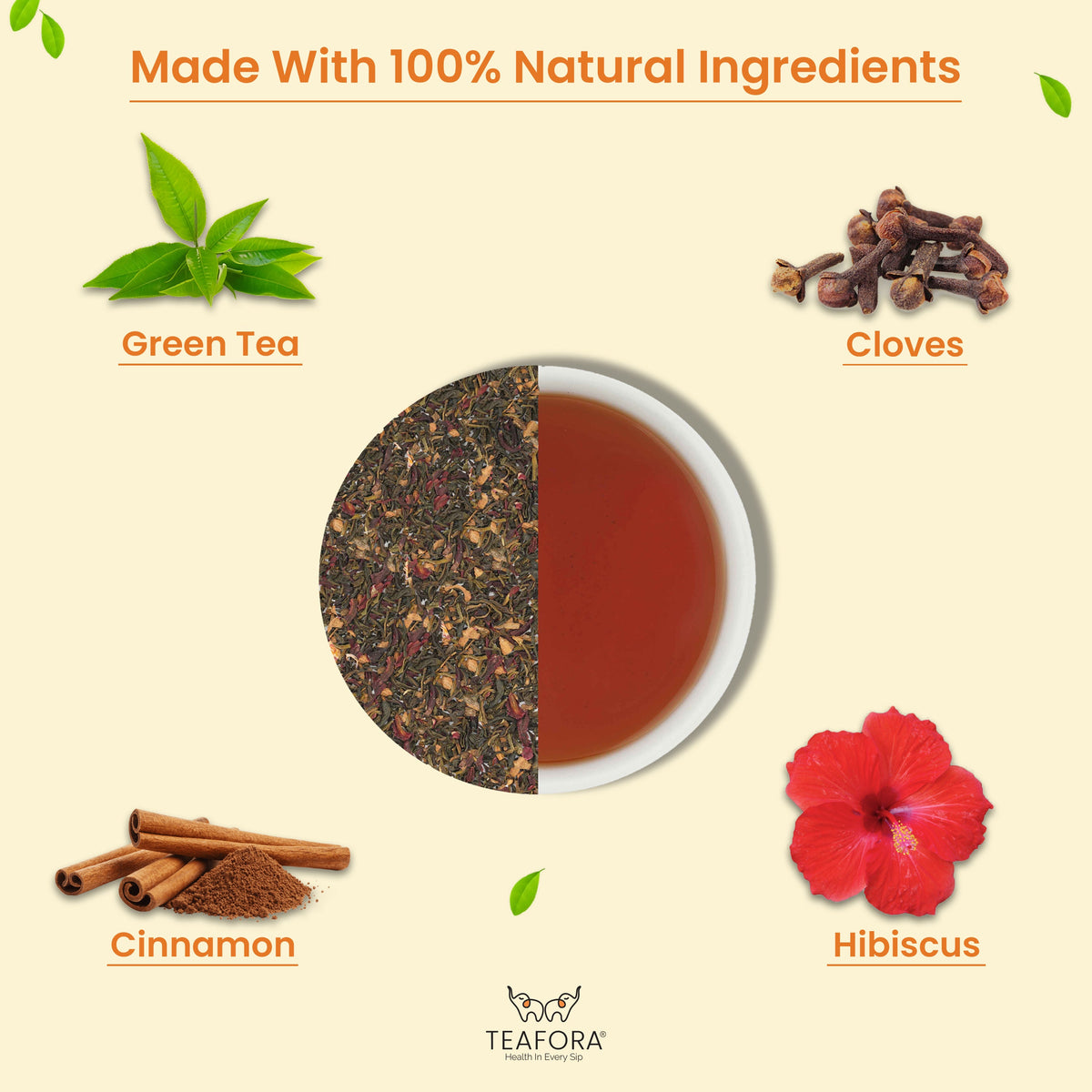 Image 3 of TEAFORA Hibiscus Cinnamon Green Tea | Darjeeling Loose Leaf | 100% Natural Hibiscus Flower, Cinnamon & Clove | Delicious & Refreshing | Brew Hot or Iced Tea