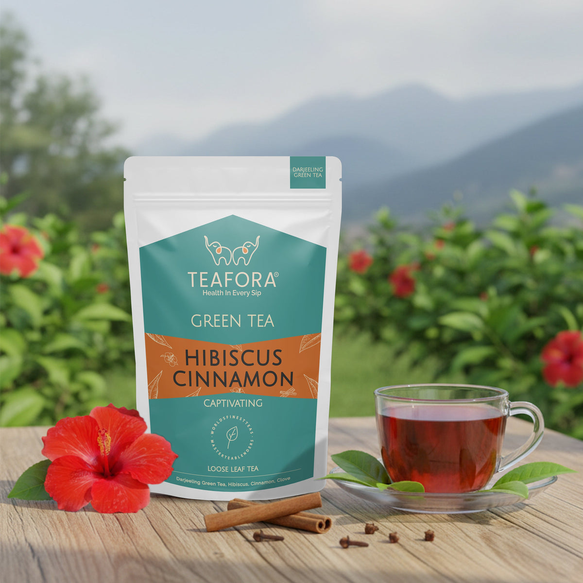 Image 2 of TEAFORA Hibiscus Cinnamon Green Tea | Darjeeling Loose Leaf | 100% Natural Hibiscus Flower, Cinnamon & Clove | Delicious & Refreshing | Brew Hot or Iced Tea