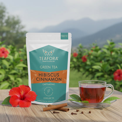 Image 2 of TEAFORA Hibiscus Cinnamon Green Tea | Darjeeling Loose Leaf | 100% Natural Hibiscus Flower, Cinnamon & Clove | Delicious & Refreshing | Brew Hot or Iced Tea