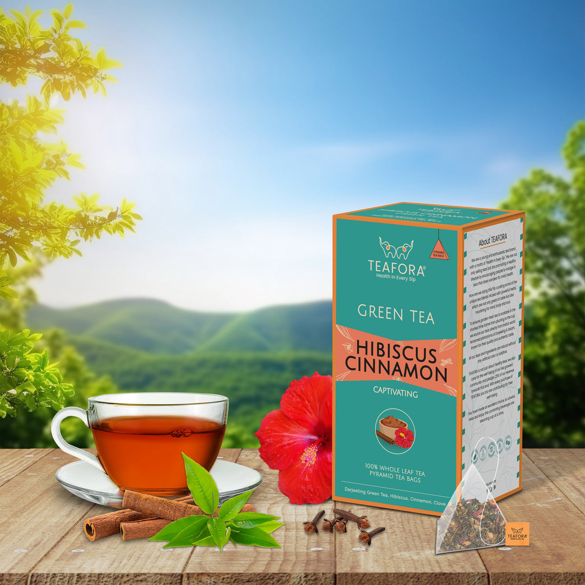 Image 2 of TEAFORA Hibiscus Cinnamon Green Tea | 20 Count Pyramid Tea Bags