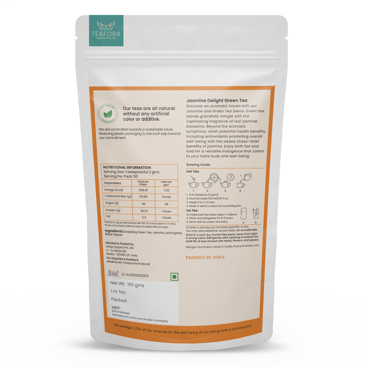 Image 4 of TEAFORA Jasmine Delight Green Tea | Darjeeling Loose Leaf Tea with All Powerful Antioxidants | Supports Immunity |Calming, Relaxing & Bedtime Tea | 50 Cups Hot or Iced Tea