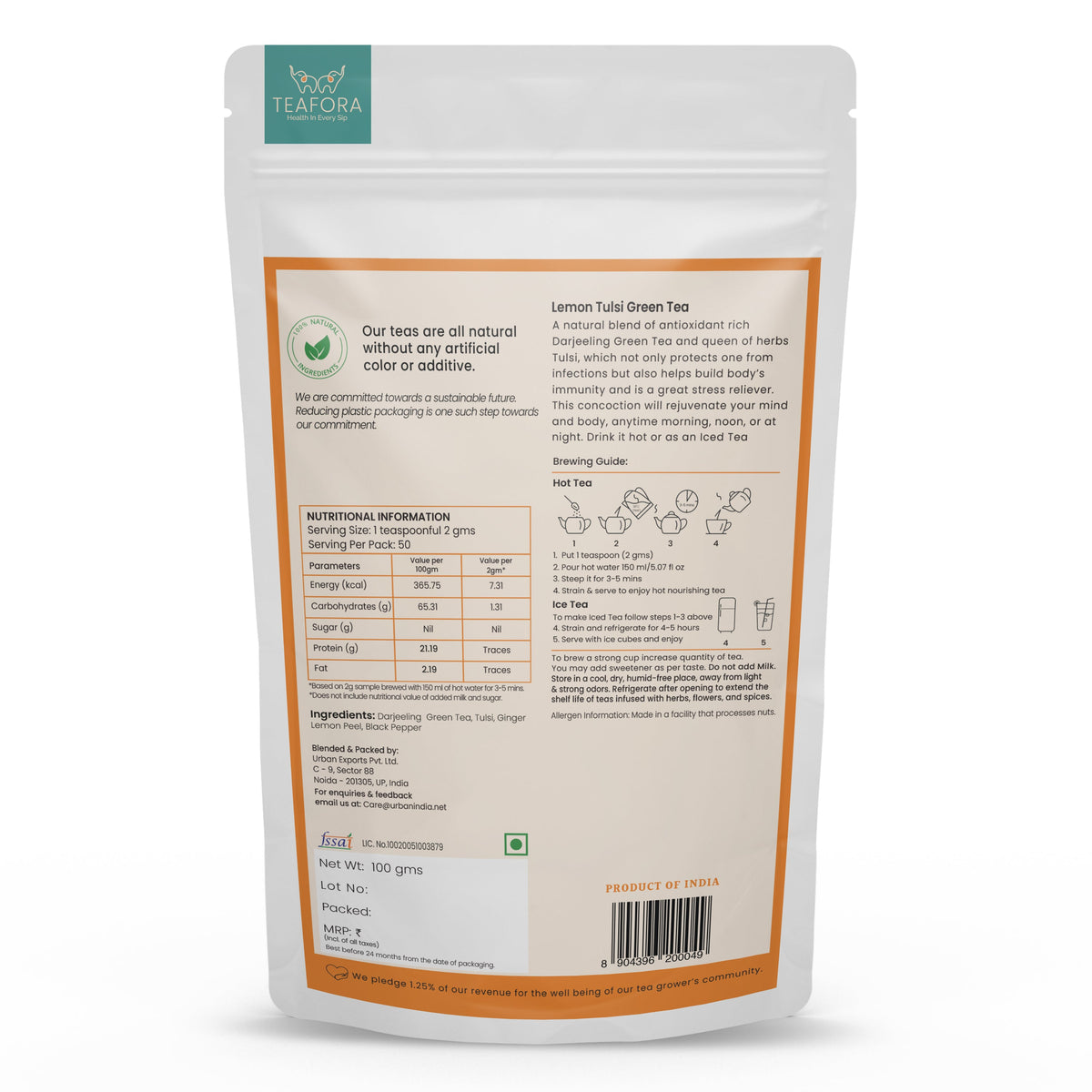 Image 4 of TEAFORA Lemon Tulsi Green Tea | Darjeeling Loose Leaf | Stress Relief Tea | Immune Support Tea | 100% Natural Ingredients | Brew 50 Cups Hot or Iced Tea