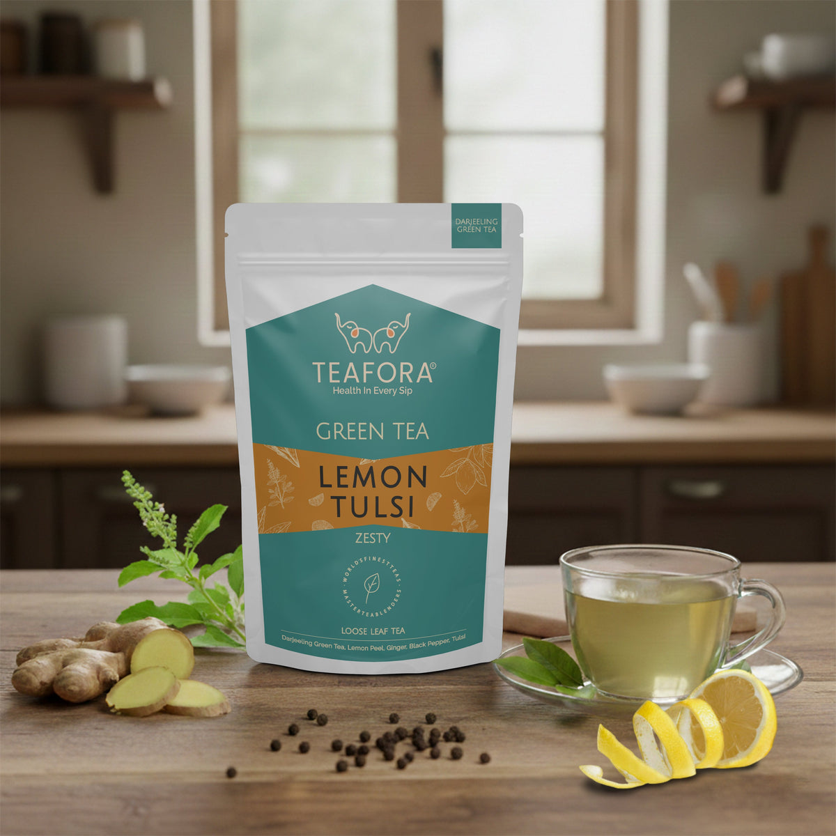 Image 2 of TEAFORA Lemon Tulsi Green Tea | Darjeeling Loose Leaf | Stress Relief Tea | Immune Support Tea | 100% Natural Ingredients | Brew 50 Cups Hot or Iced Tea