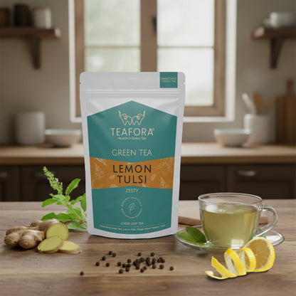 Image 2 of TEAFORA Lemon Tulsi Green Tea | Darjeeling Loose Leaf | Stress Relief Tea | Immune Support Tea | 100% Natural Ingredients | Brew 50 Cups Hot or Iced Tea