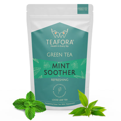 Image 1 of TEAFORA Mint Soother Green Tea | Darjeeling Loose Leaves | Blended with Fresh Mint & Peppermint Leaves | Refreshing & Calming Tea | 50 Cups Hot or Iced Tea