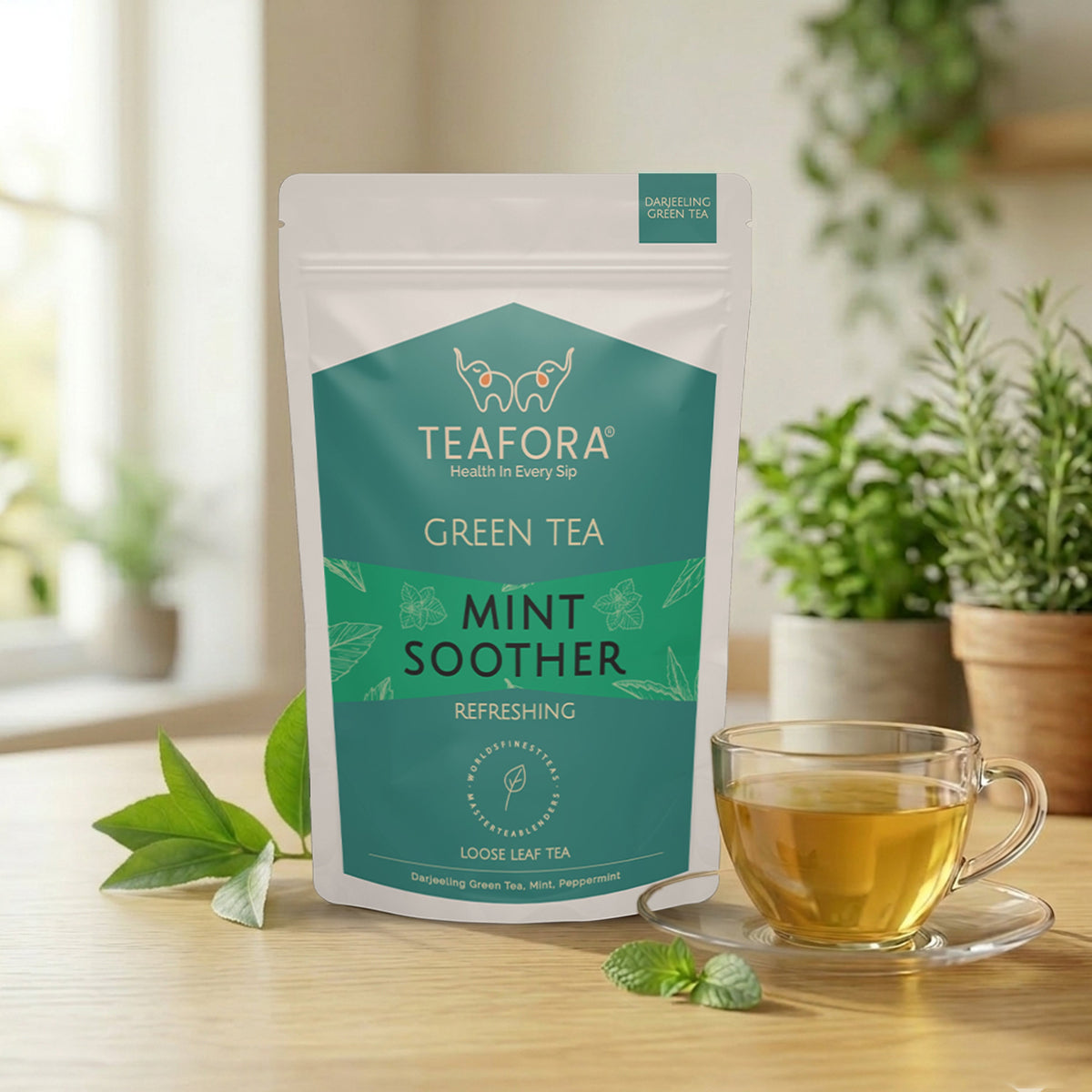 Image 2 of TEAFORA Mint Soother Green Tea | Darjeeling Loose Leaves | Blended with Fresh Mint & Peppermint Leaves | Refreshing & Calming Tea | 50 Cups Hot or Iced Tea