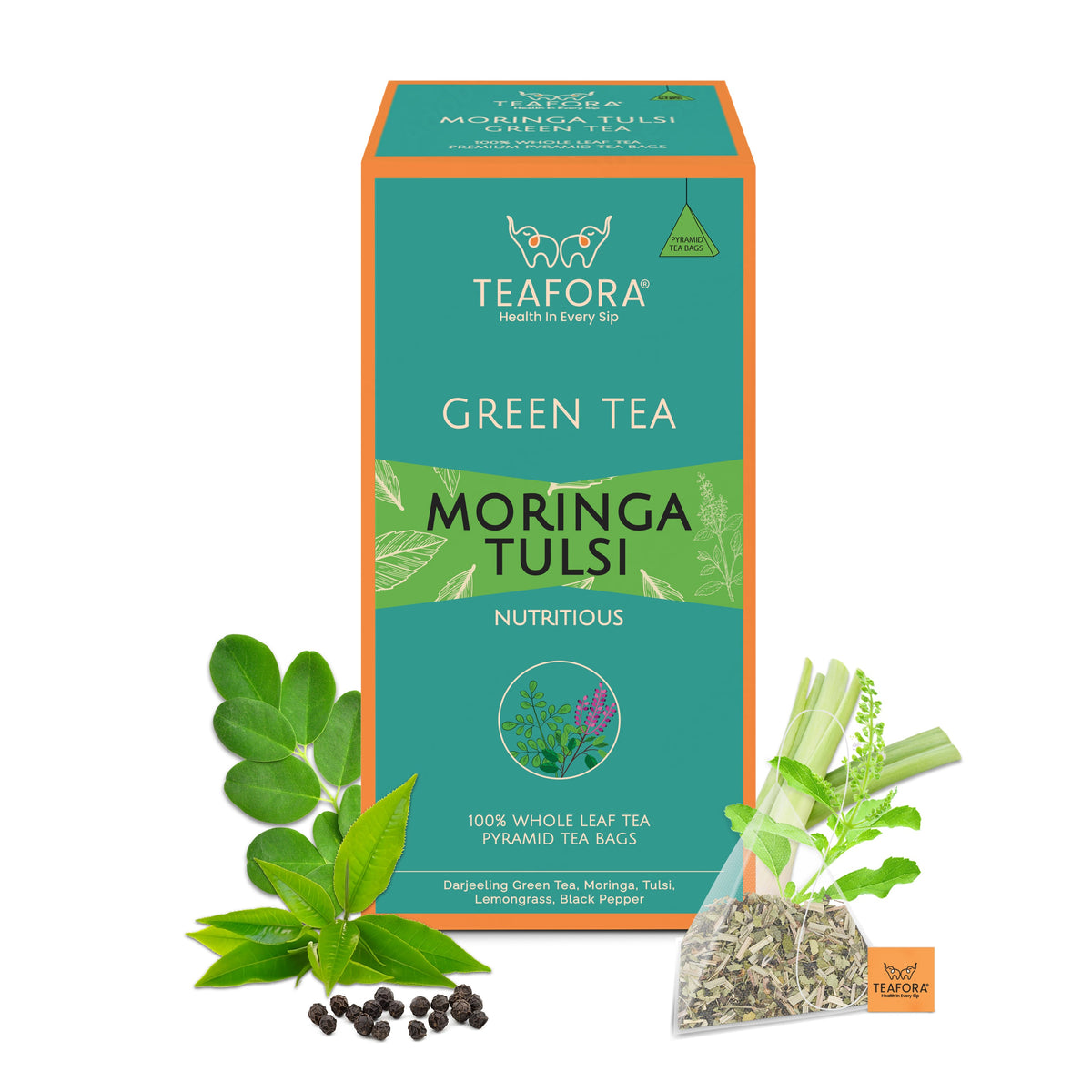 Image 1 of TEAFORA Moringa Tulsi Green Tea | 20 Count Pyramid Tea Bags