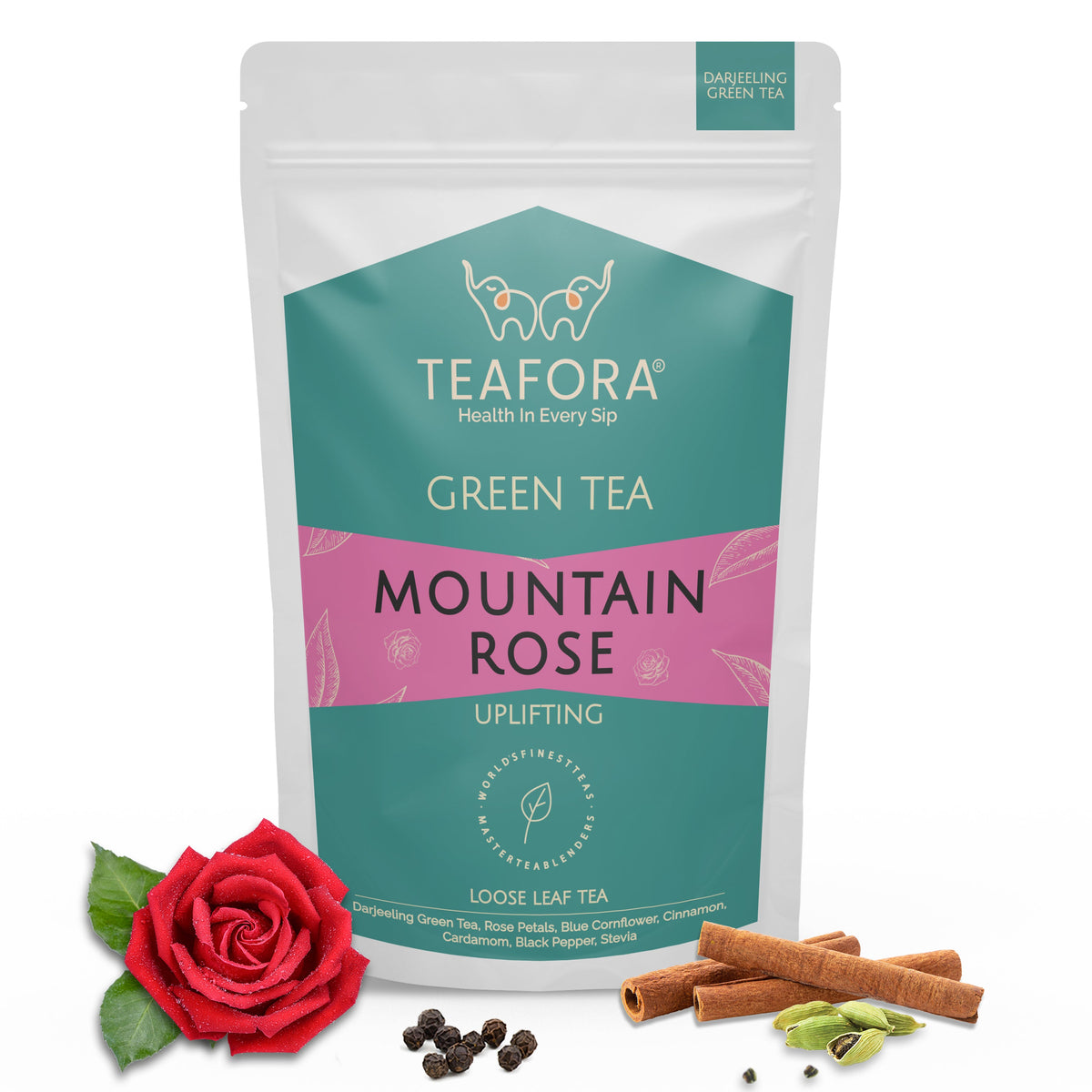 Image 1 of TEAFORA Mountain Rose Green Tea | Loose Leaf Tea | Blended with Rose Petals, Blue Cornflower & Cinnamon | 100% NATURAL INGREDIENTS | Brew Hot or Iced Tea