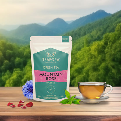 Image 2 of TEAFORA Mountain Rose Green Tea | Loose Leaf Tea | Blended with Rose Petals, Blue Cornflower & Cinnamon | 100% NATURAL INGREDIENTS | Brew Hot or Iced Tea