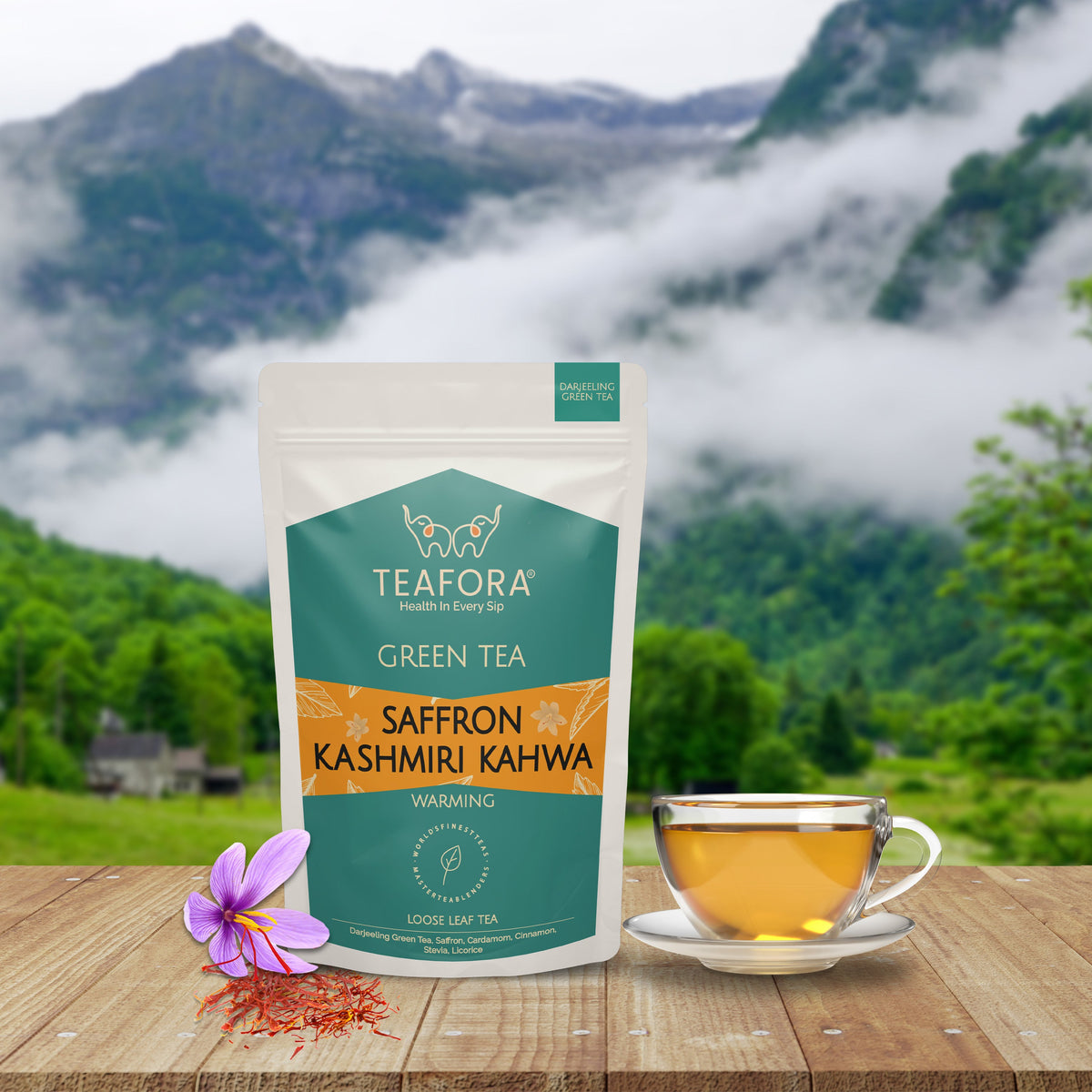 Image 2 of TEAFORA Saffron Kashmiri Kahwa | Loose Leaf Green Tea | Saffron, Cardamom, Cinnamon, Almond | Warming & Soothing Tea | Improves Digestion, Boosts Immunity | 100% NATURAL