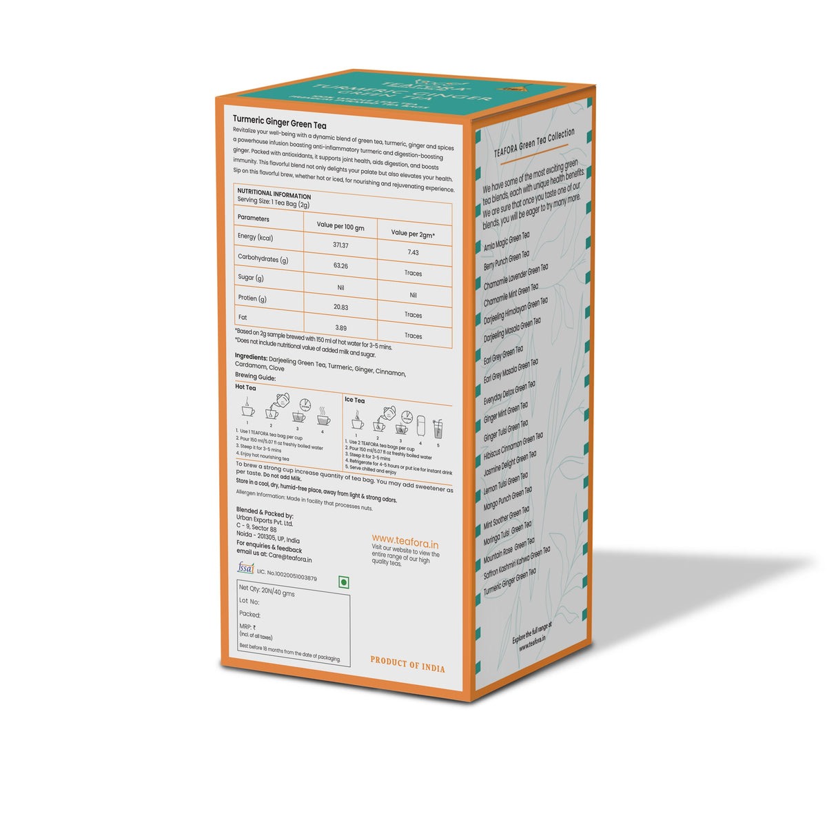 Image 4 of TEAFORA Turmeric Ginger Green Tea | 20 Count Pyramid Tea Bags