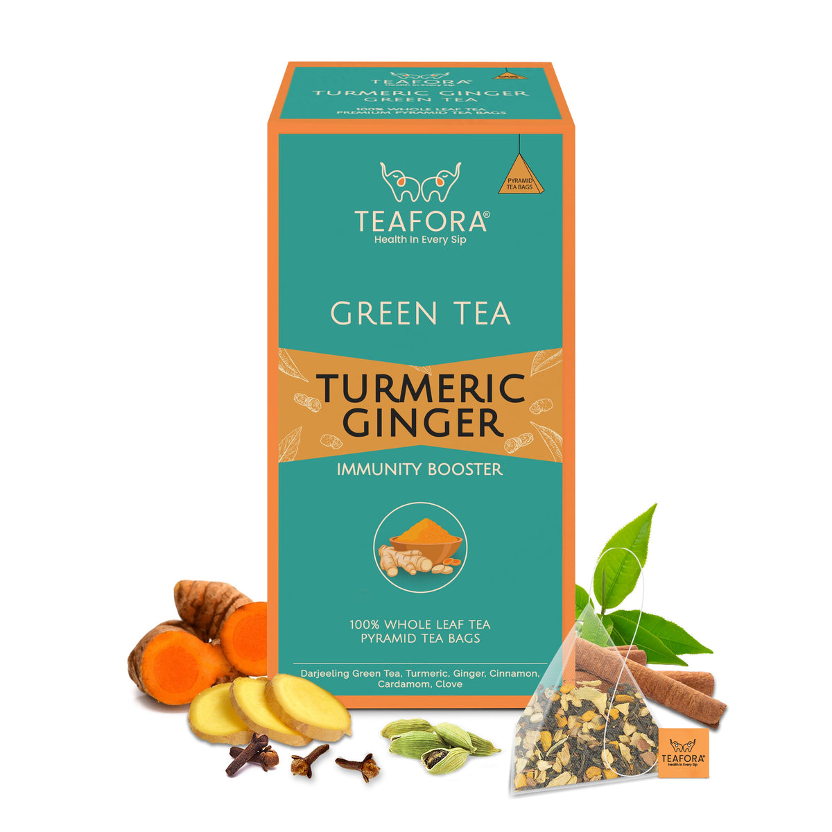 Image 1 of TEAFORA Turmeric Ginger Green Tea | 20 Count Pyramid Tea Bags