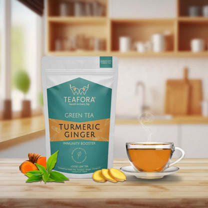 Image 2 of TEAFORA Turmeric Ginger Green Tea | Darjeeling Loose Leaf Tea | Blended with Indian Turmeric, Ginger &  Cinnamon | 100% NATURAL INGREDIENTS | Brew Hot or Iced Tea