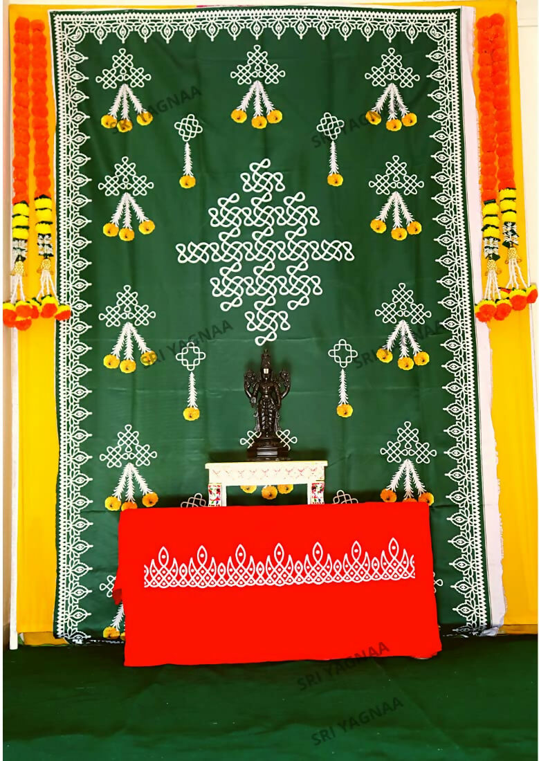 Image 3 of Sri Yagnaa Decoration M 1 – Green Muggu Backdrop Cloth with Flower Hanging Design, 5 x 8 Ft