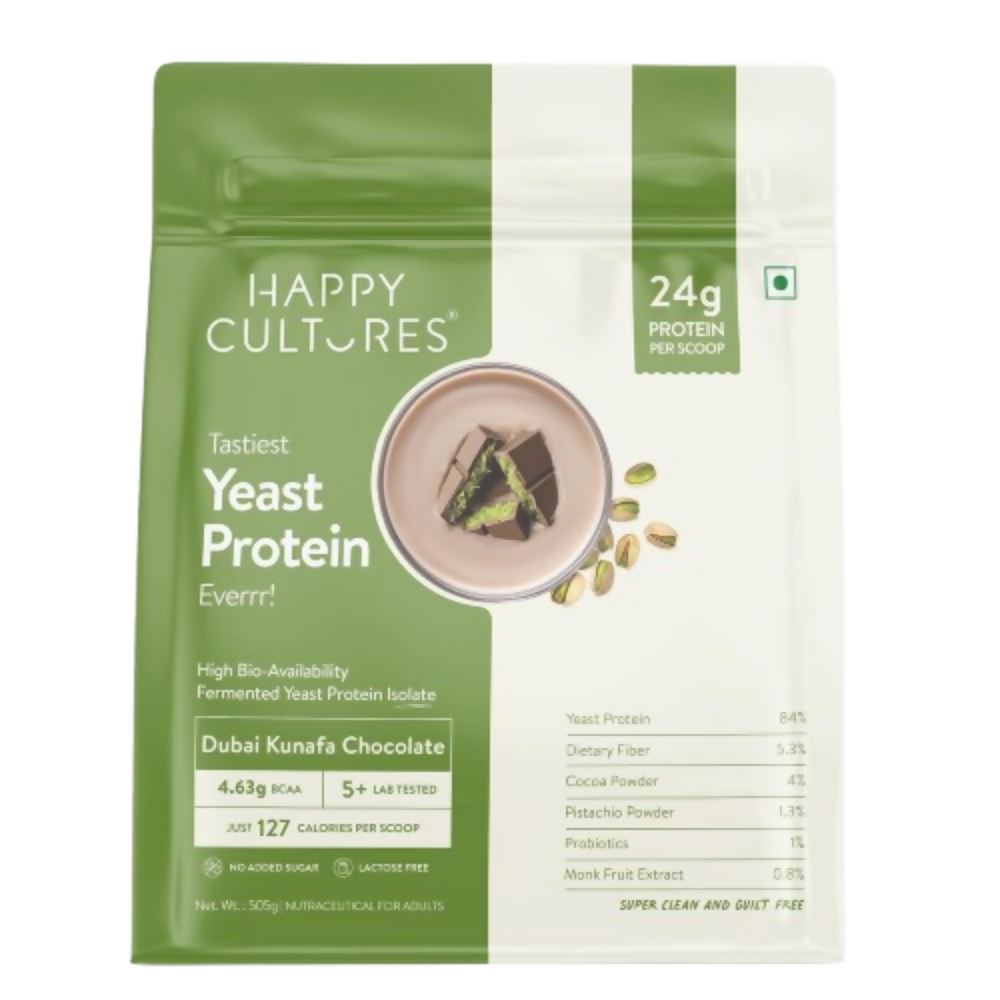 Image 1 of 505 gm for the product Happy Cultures 24g Protein Dubai Kunafa Chocolate Fermented Yeast Protein Isolate