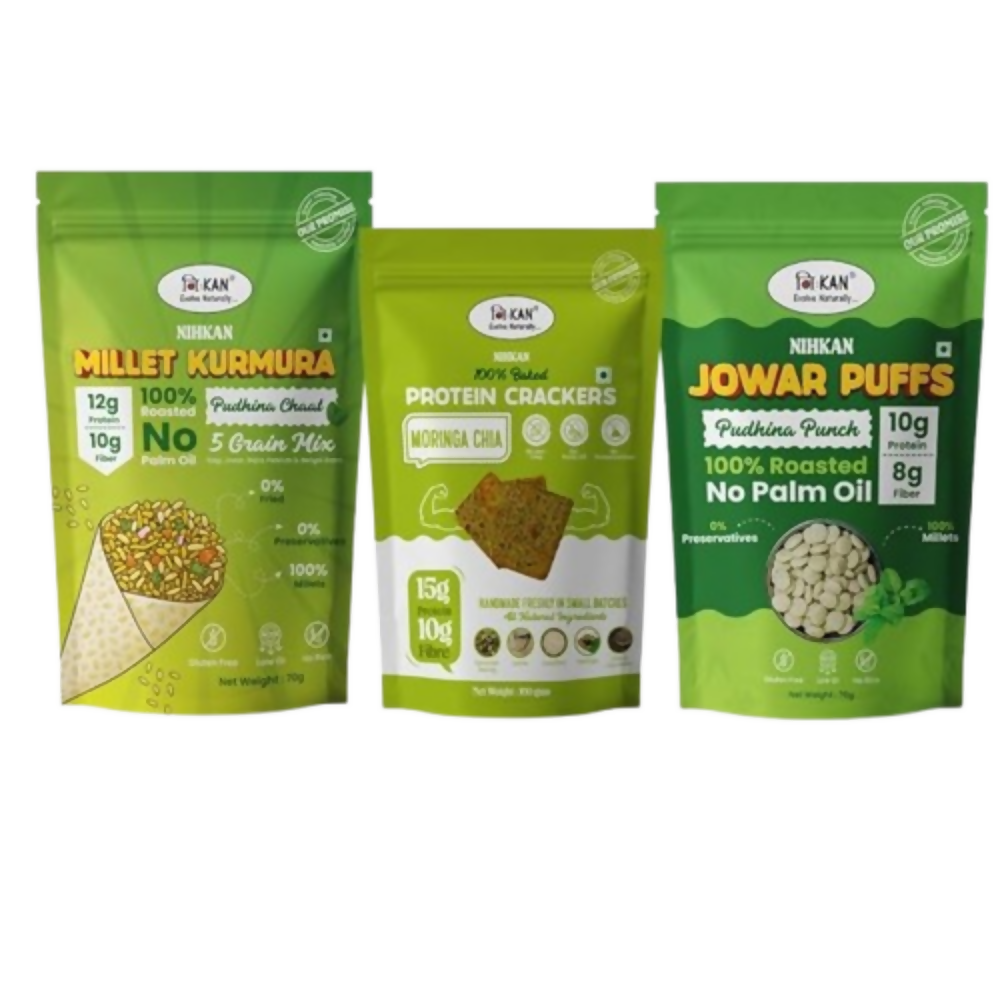 Image 1 of combo for the product NIHKAN Millet Snacks - - Moringa Cracker, Pudhina Jowar Puff & Pudhina Millet Kurmura Mix