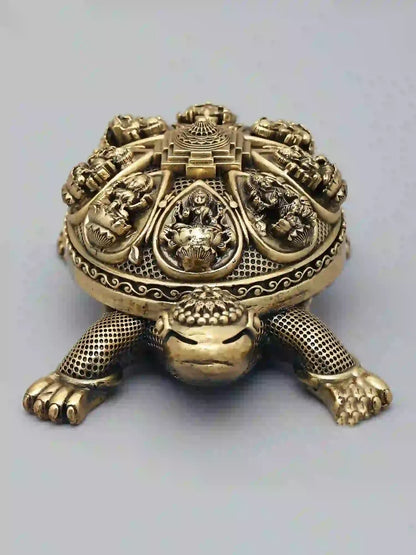 Image 1 of Ishwar Arts 6" Vastu Small Tortoise with Ashtalakshmi and Yantra on Top Superfine Brass Statue