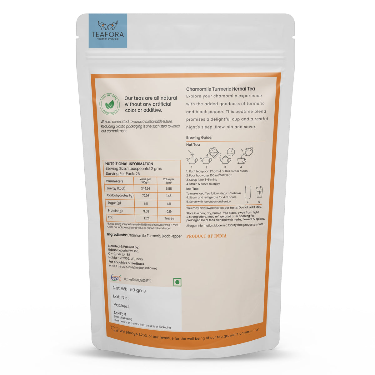 Image 4 of TEAFORA Chamomile Turmeric Herbal Tea | Calming and Relaxing | Chamomile, Turmeric, Black Pepper | Stress Buster | CAFFEINE-FREE | 100% NATURAL