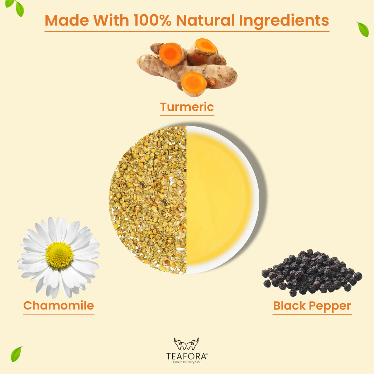 Image 3 of TEAFORA Chamomile Turmeric Herbal Tea | Calming and Relaxing | Chamomile, Turmeric, Black Pepper | Stress Buster | CAFFEINE-FREE | 100% NATURAL