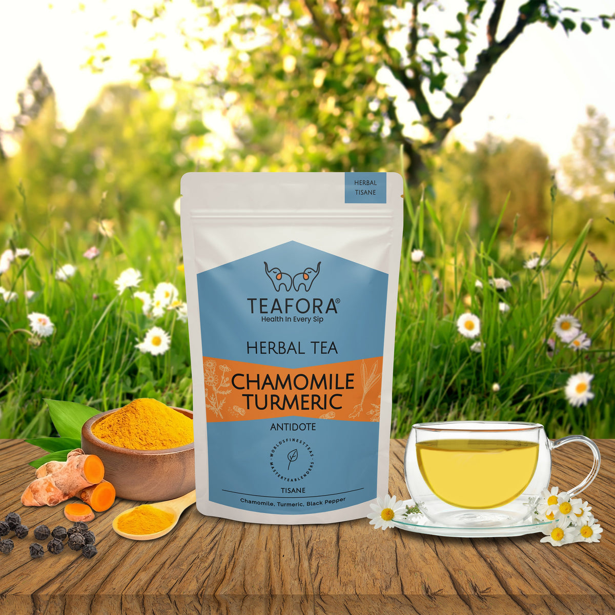Image 2 of TEAFORA Chamomile Turmeric Herbal Tea | Calming and Relaxing | Chamomile, Turmeric, Black Pepper | Stress Buster | CAFFEINE-FREE | 100% NATURAL