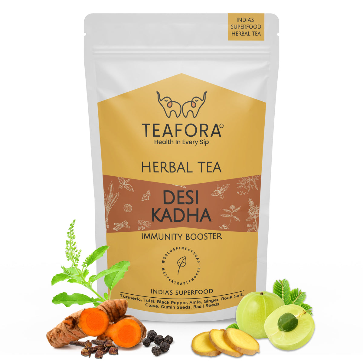 Image 1 of TEAFORA Desi Kadha | Immunity Booster Herbal Tea | Indian Superfoods Turmeric, Amla, Tulsi, Ginger & Rock Salt | Relaxing & Warming | 100% NATURAL