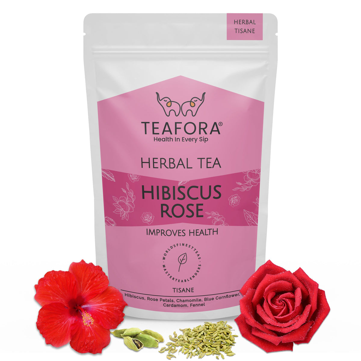 Image 1 of TEAFORA Hibiscus Rose Herbal Tea | CAFFEINE-FREE | 100% NATURAL | Hibiscus, Rose, Chamomile, Blue Cornflower, Fennel, Licorice | Brew Hot or as Iced Tea
