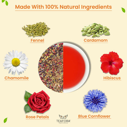 Image 3 of TEAFORA Hibiscus Rose Herbal Tea | CAFFEINE-FREE | 100% NATURAL | Hibiscus, Rose, Chamomile, Blue Cornflower, Fennel, Licorice | Brew Hot or as Iced Tea