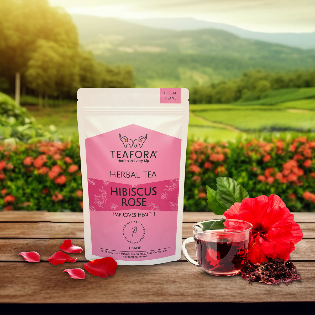 Image 2 of TEAFORA Hibiscus Rose Herbal Tea | CAFFEINE-FREE | 100% NATURAL | Hibiscus, Rose, Chamomile, Blue Cornflower, Fennel, Licorice | Brew Hot or as Iced Tea
