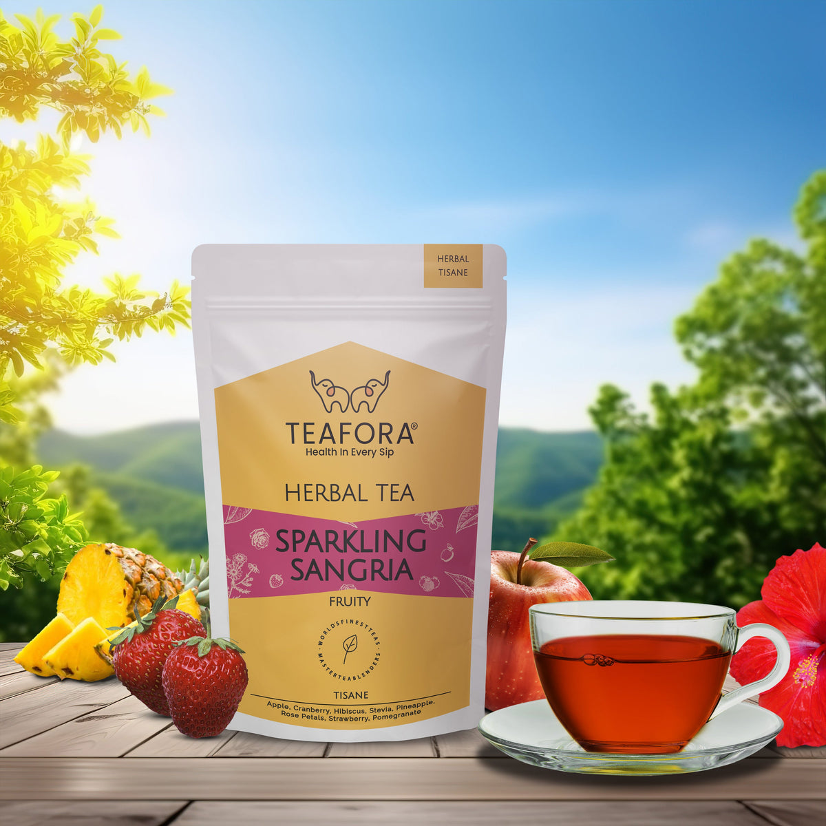 Image 2 of TEAFORA Sparkling Sangria | CAFFEINE-FREE Herbal Tea | Refreshing and Fruity | 100% Natural Apple, Strawberry, Mango, Pineapple, Hibiscus | Brew Hot or Iced Tea