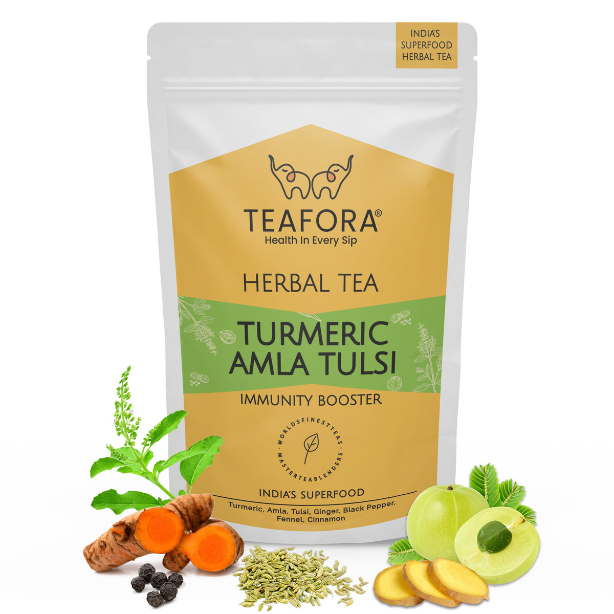 Image 1 of TEAFORA Turmeric Amla Tulsi Herbal Tea | CAFFEINE-FREE | Blended with Ginger, Blueberry, Cinnamon & Stevia | Improves Hair Growth, Supports Immunity